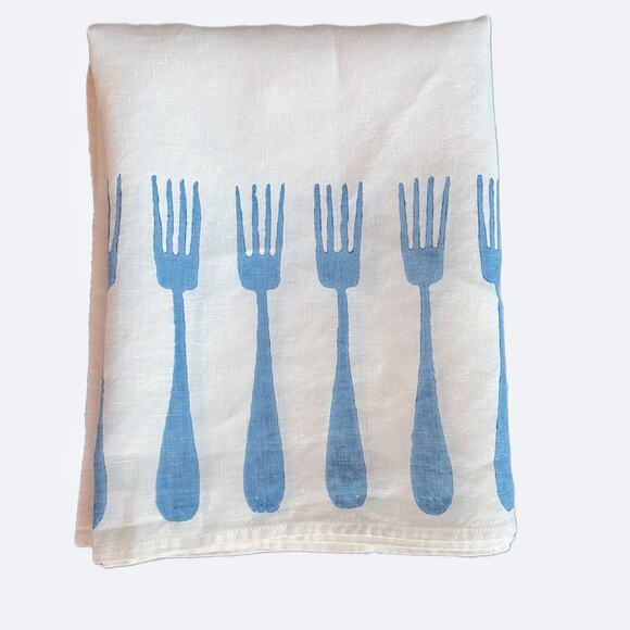 Bertozzi Stampa A Mano Linen Table Runner Chambray Fork Hand Printed In Italy - Picture 2 of 7